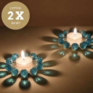 Dresdner Glasperlenstern Kleine Zehner Blau Teelichthalter handgefertigt in der Dresdner Manufaktur aus Porzellan mit böhmischem Glas im Kerzenlicht